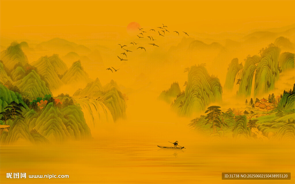 新中式水墨国画山水背景墙壁画