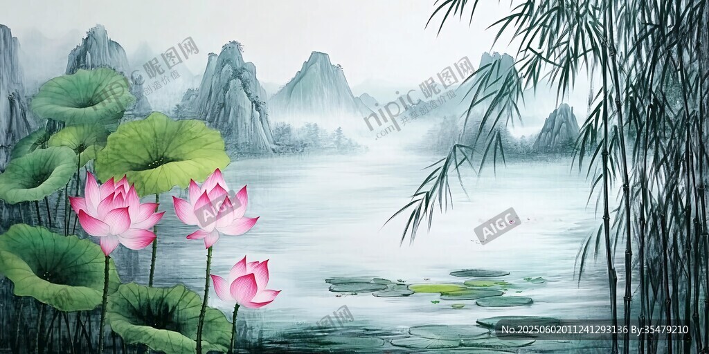 水墨荷花山水诗意画卷