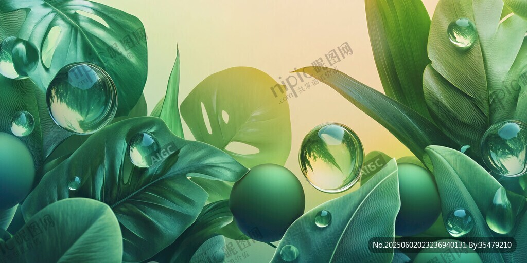 绿叶上晶莹的水珠与圆球