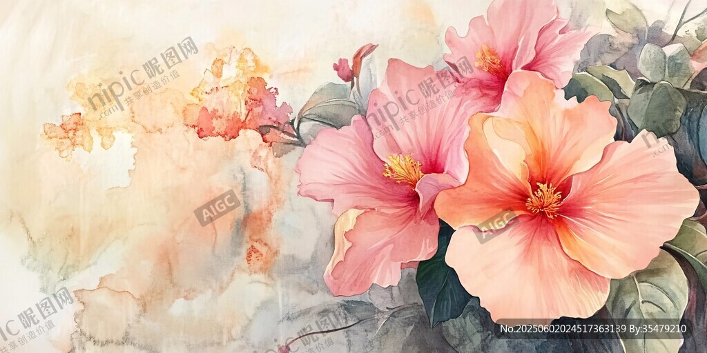 粉色木槿花的梦幻水彩画