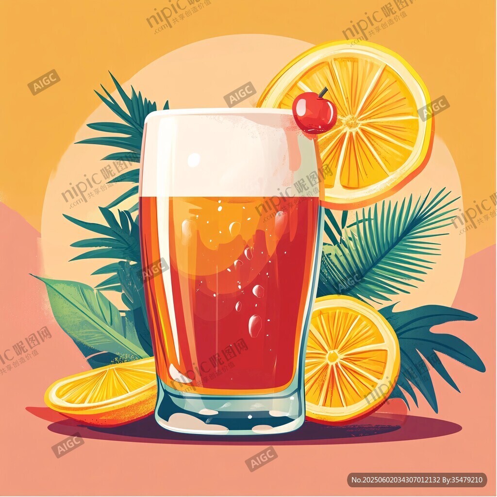 夏日冰爽橙汁啤酒插画