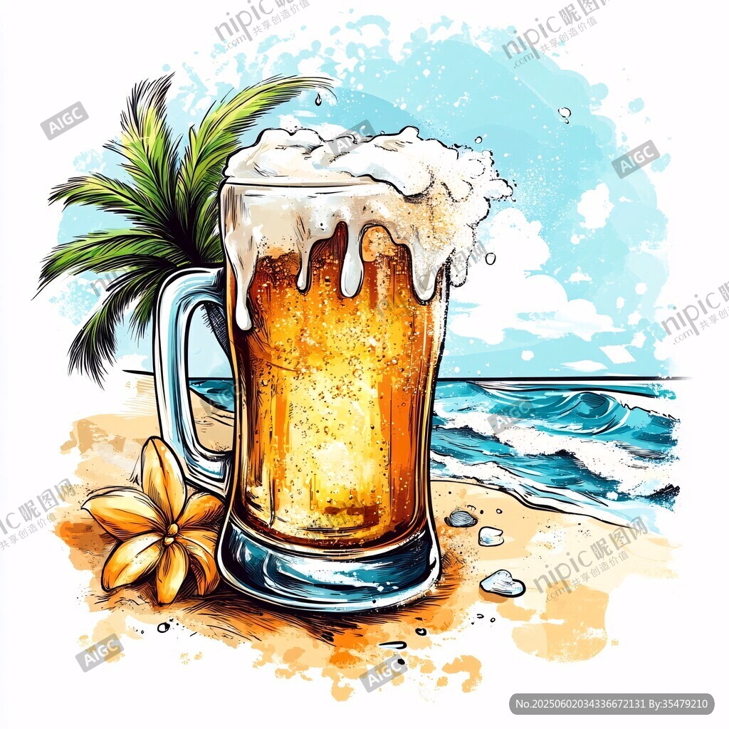 海滩上的冰爽啤酒插画