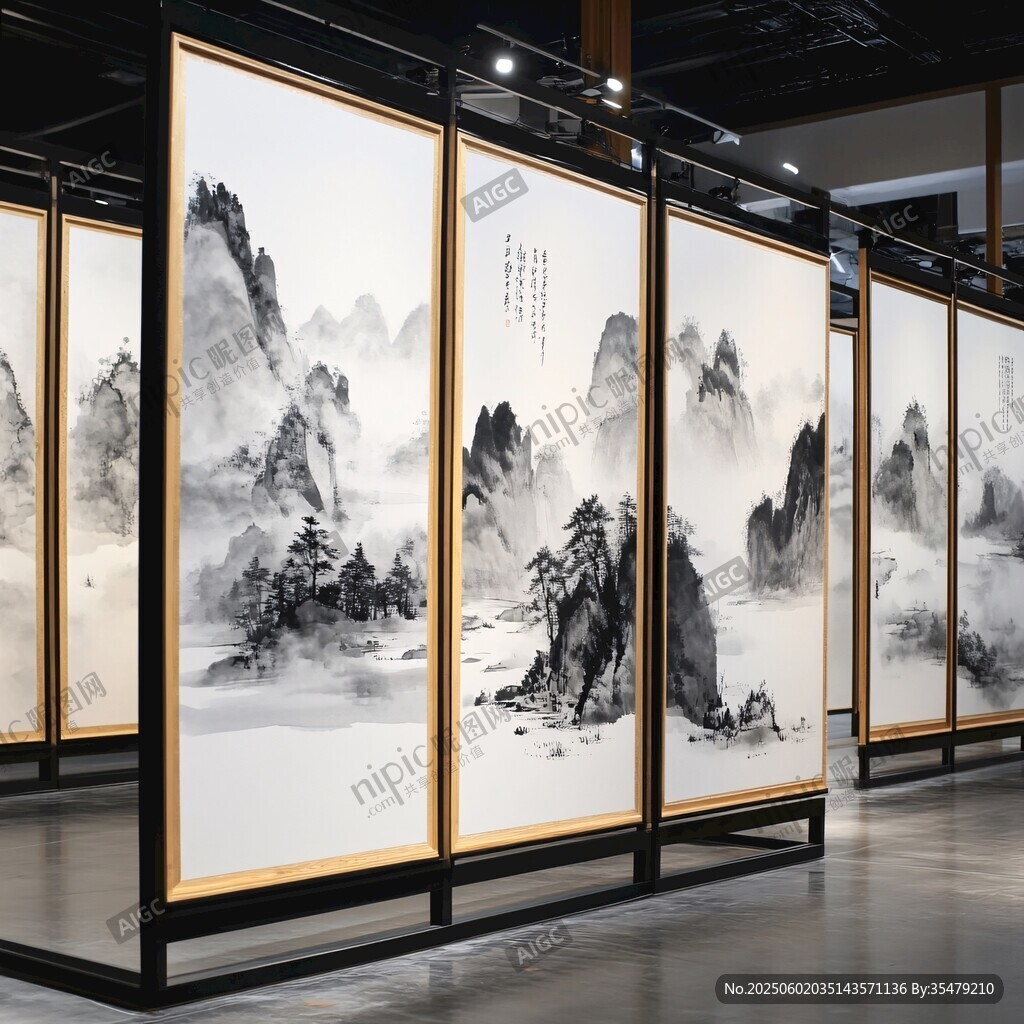 水墨山水画展屏风展示