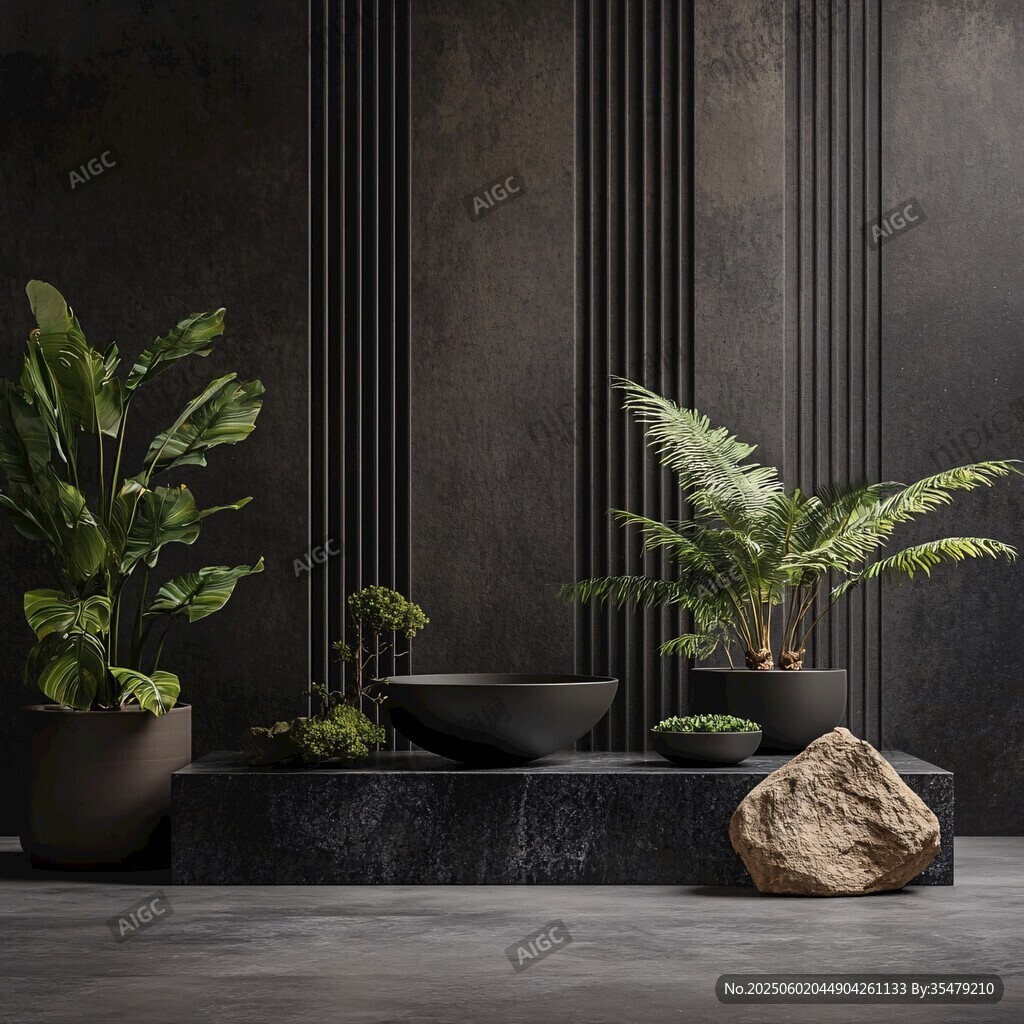 现代风室内绿植与石景陈设