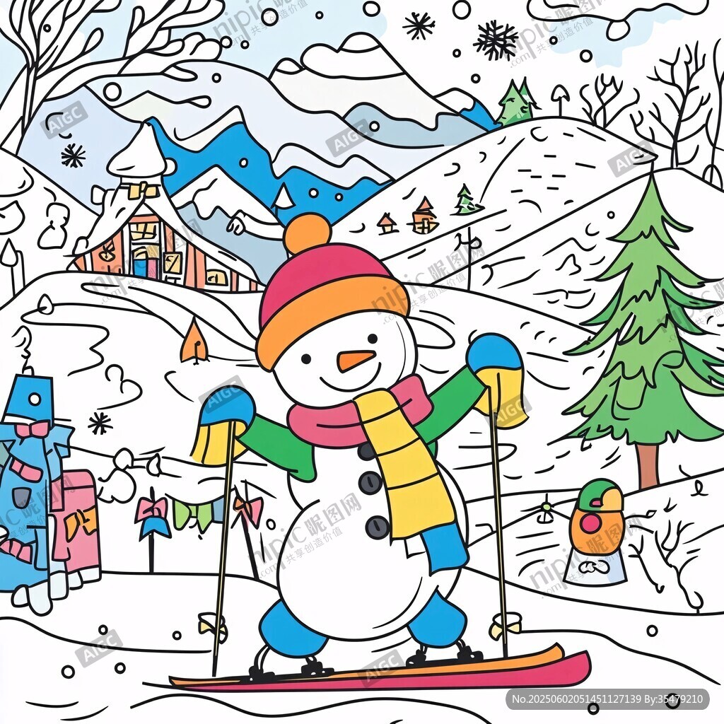 滑雪的雪人在冬日美景中