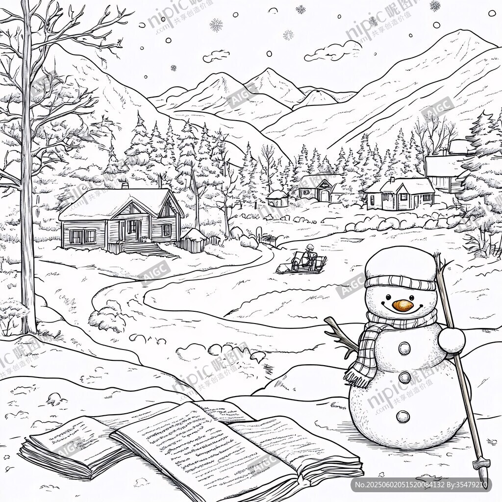 冬日雪中小屋与读书雪人