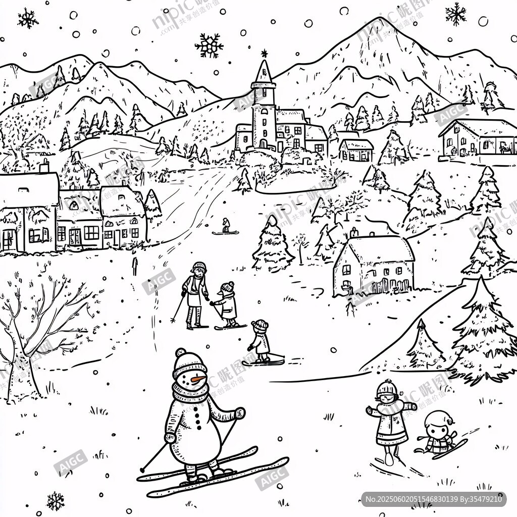冬日滑雪小镇欢乐场景