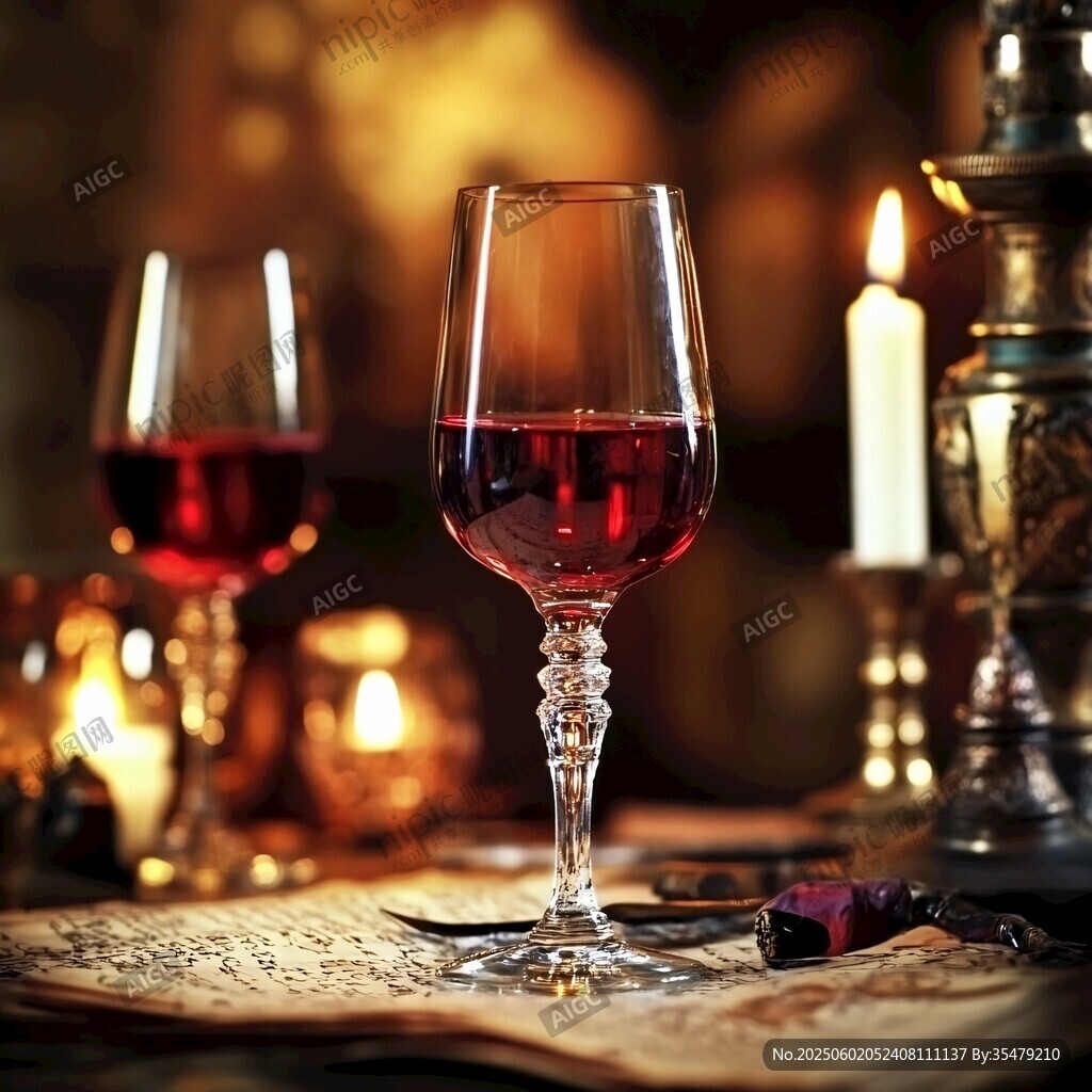 烛光下的优雅红酒杯