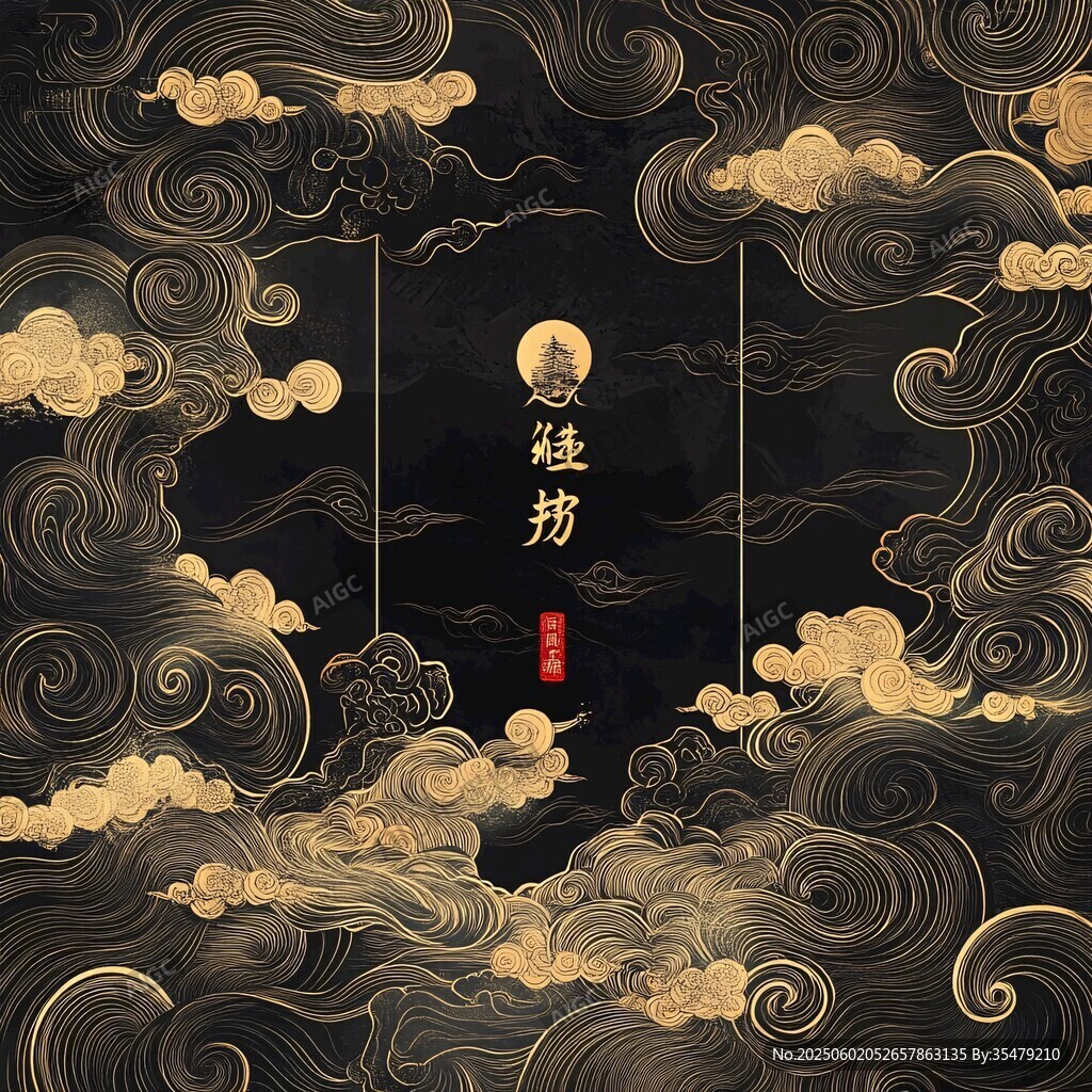 中式黑金云海主题艺术背景