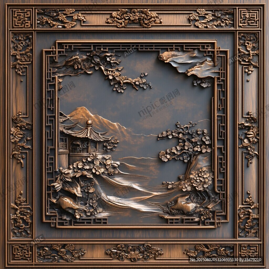 中式木雕山水风景装饰画