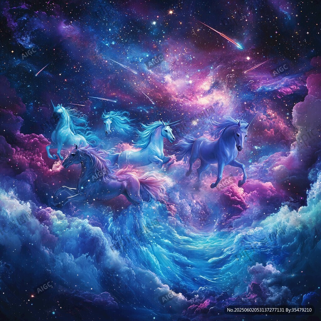 梦幻独角兽在星空中奔腾