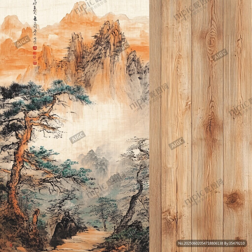 中式山水与木纹装饰搭配