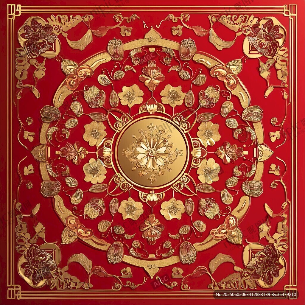 中式红金古典花卉纹样图案