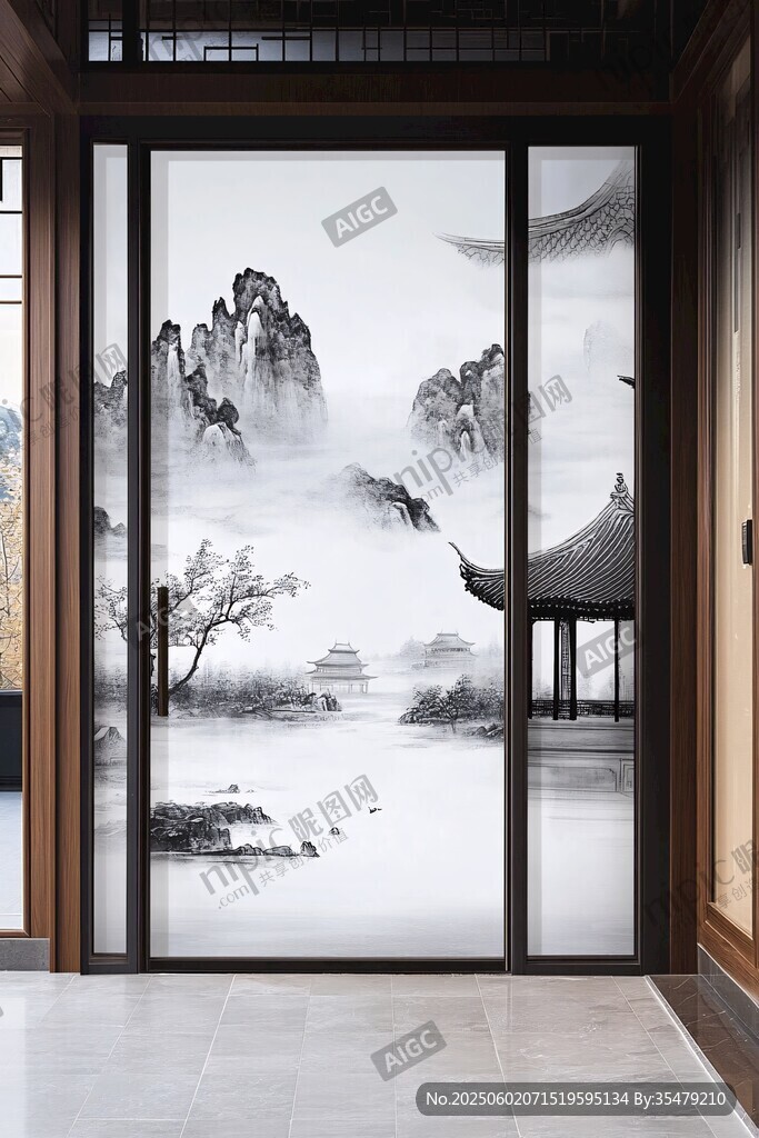 中式水墨山水屏风隔断