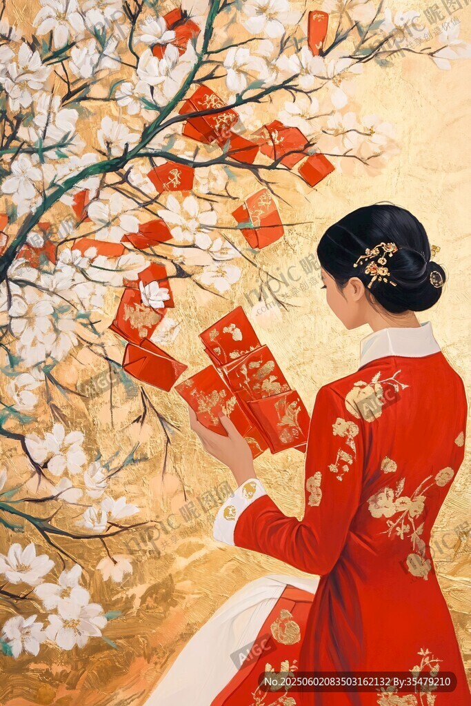 红衣女子赏春景接红包