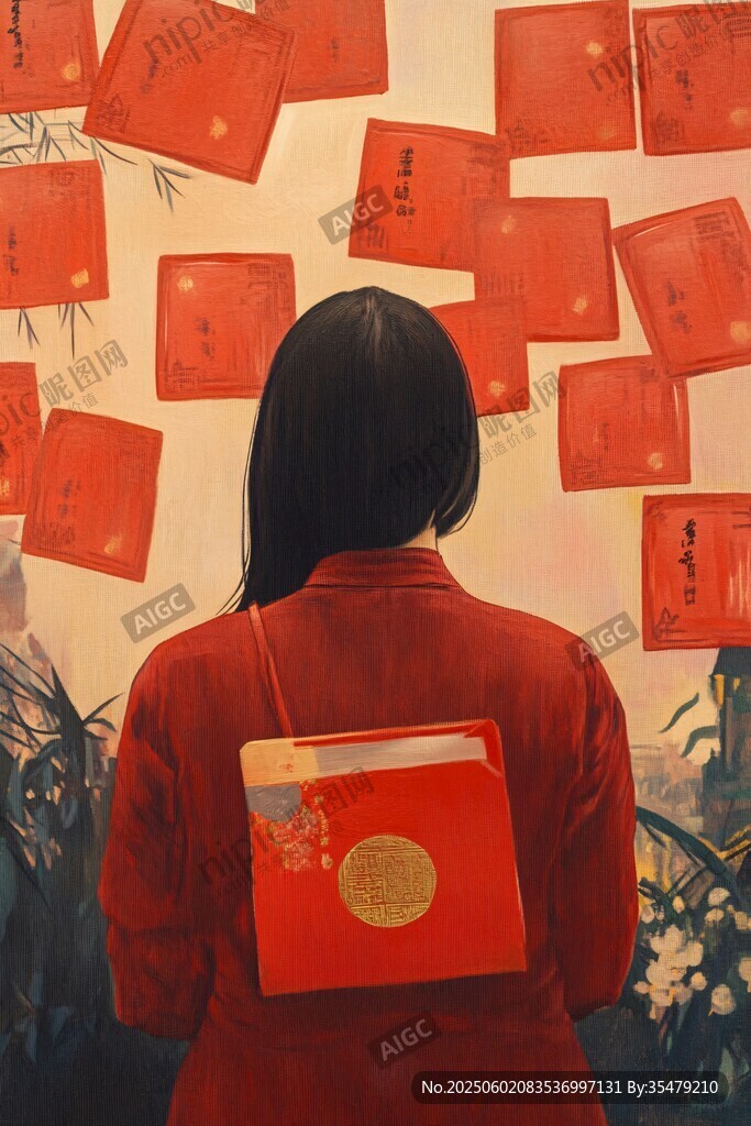 红衣女子背红包赏墙上红笺