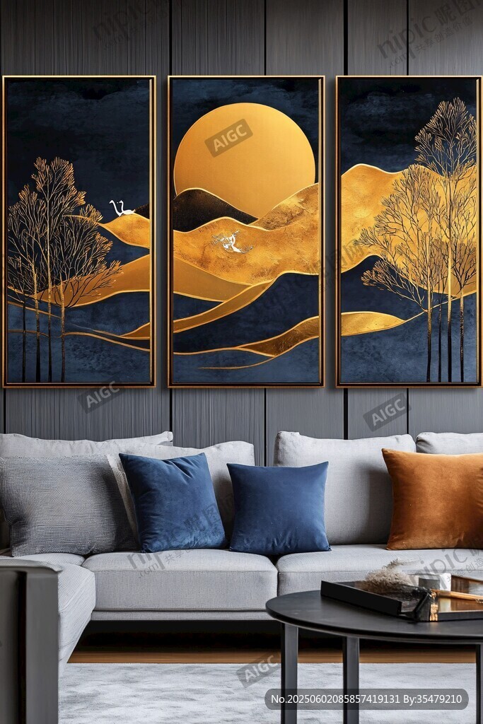 金色山水三联装饰画