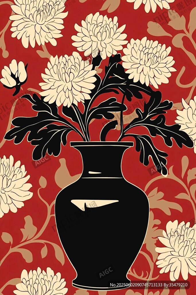 中式花瓶菊花图案背景图