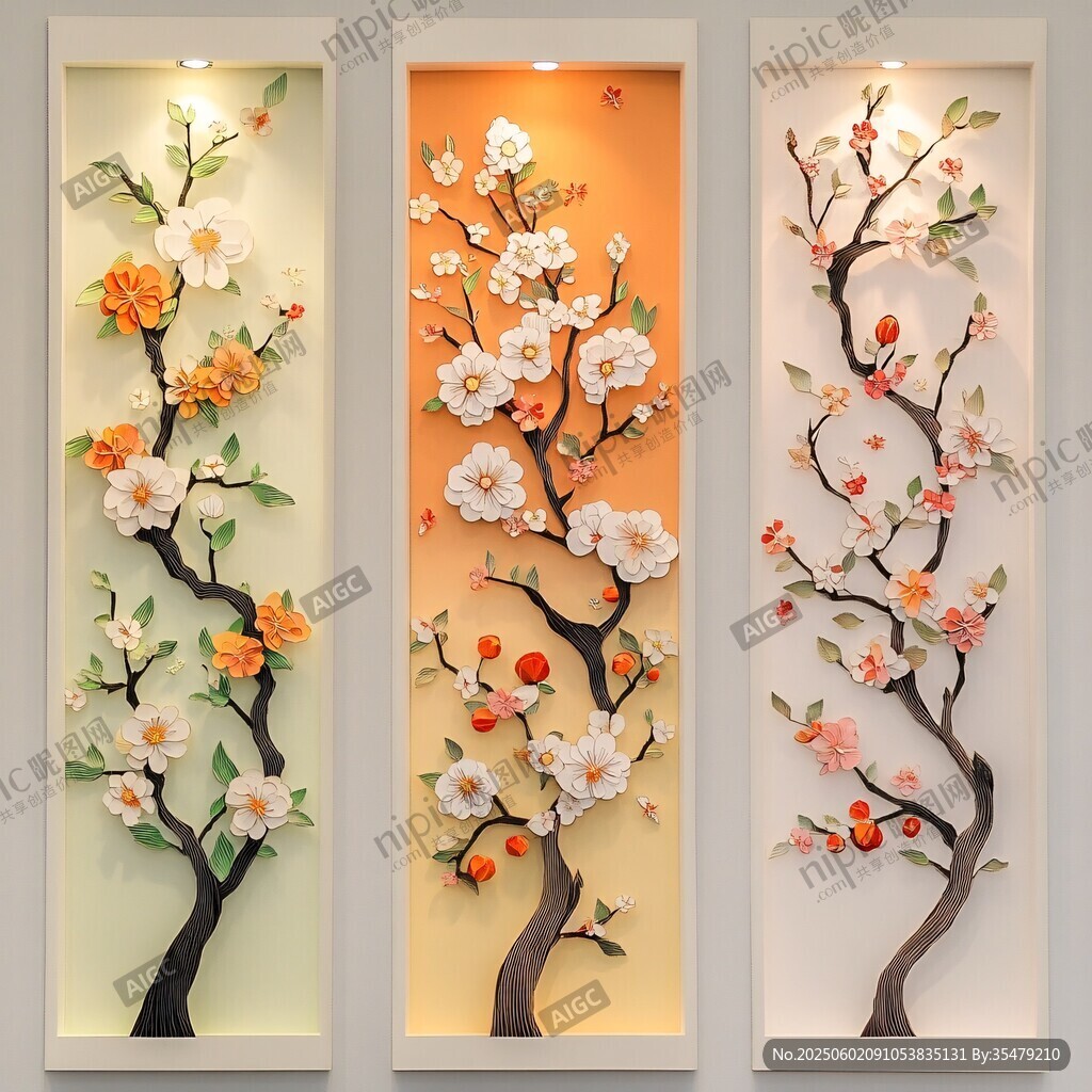 三联立体花卉装饰画作品