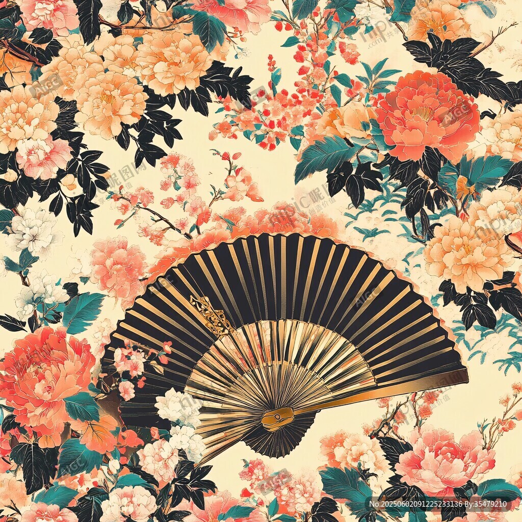 折扇绽于繁花中式图景