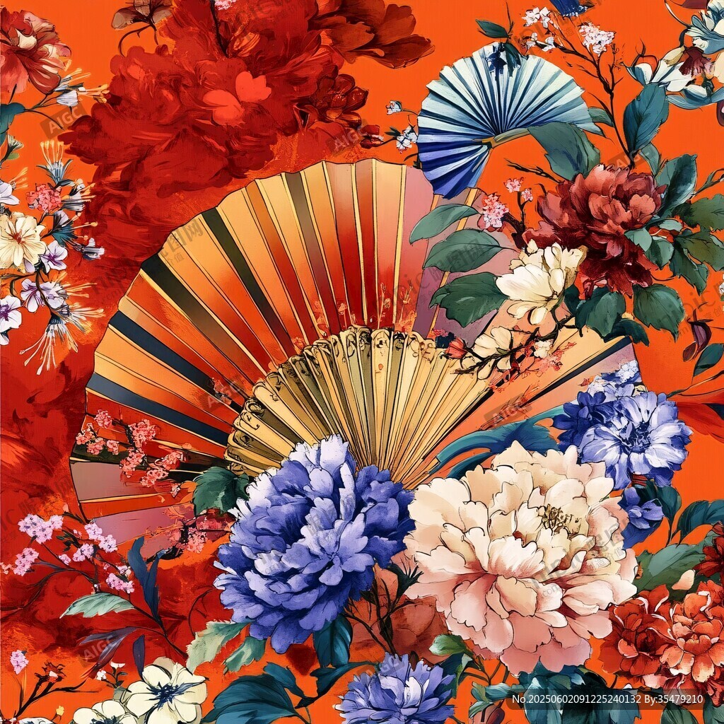 中式折扇花卉图案艺术风