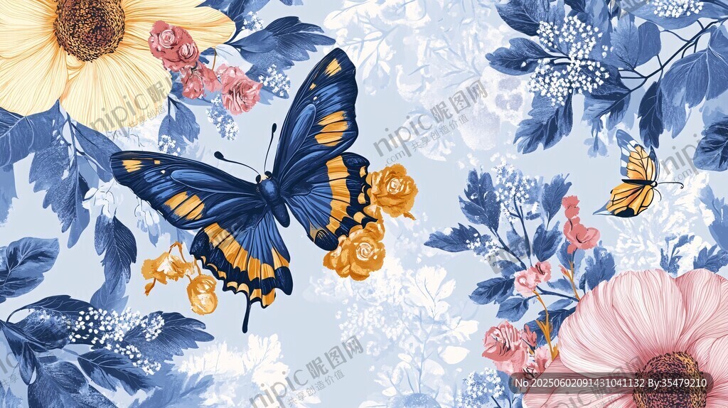 蓝底花卉蝴蝶梦幻图案