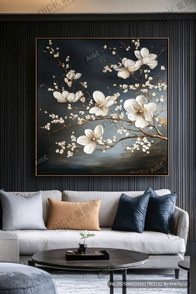 中式客厅的玉兰花装饰画