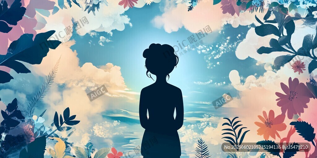 少女置身繁花间的梦幻背影