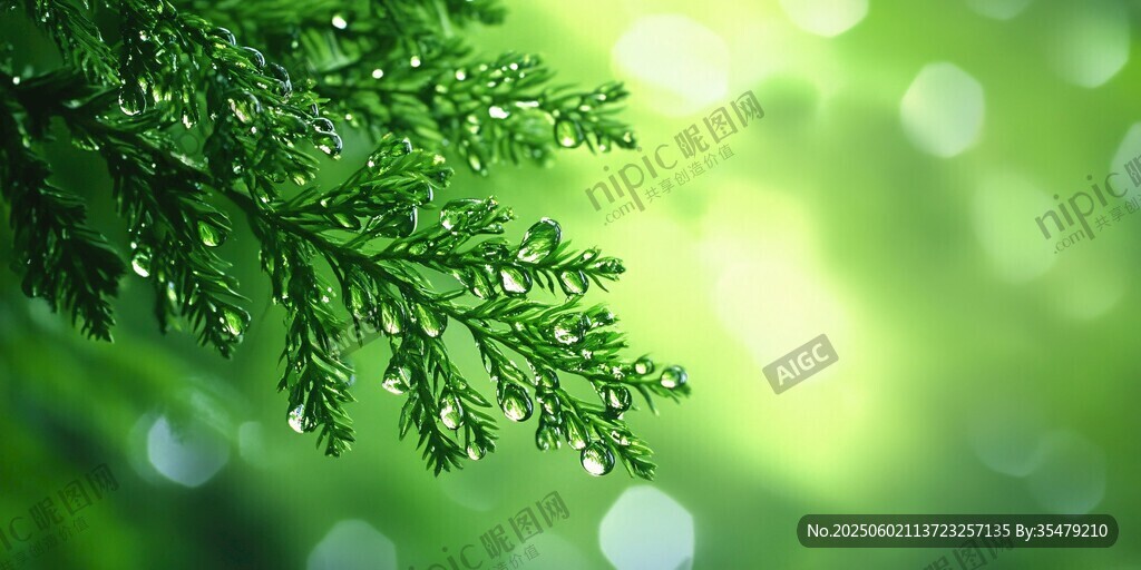 翠绿枝叶上的晶莹露珠