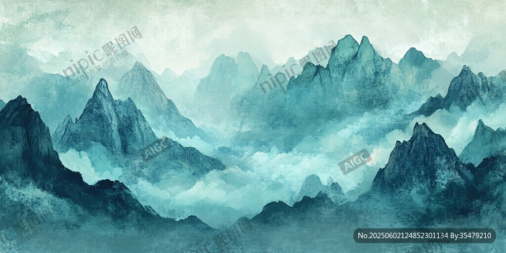 水墨群山间 云雾缭绕景