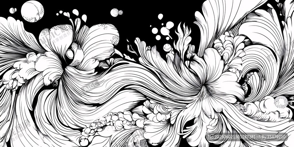 黑白花卉线条艺术插画