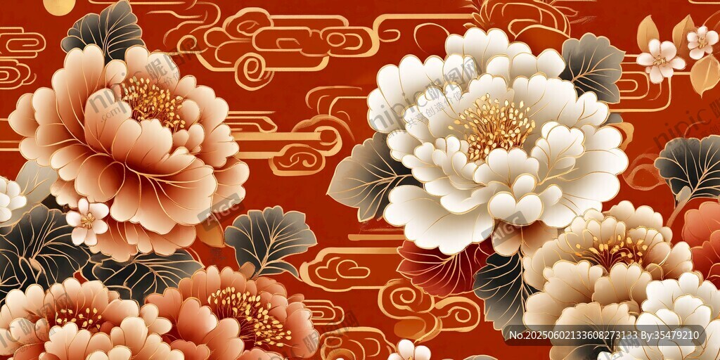 中式牡丹花卉传统纹样图