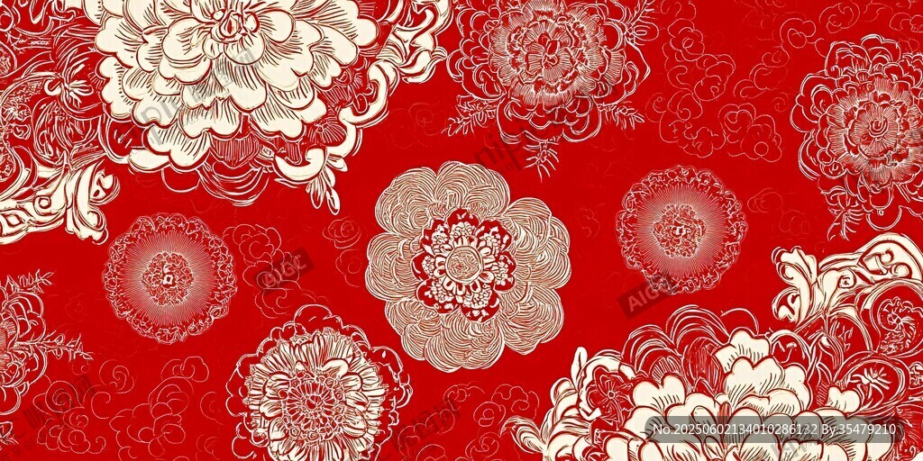 喜庆红底花卉传统纹样