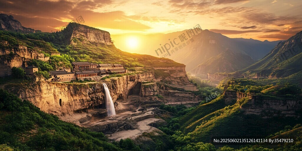 夕阳下的壮美山间村落景观