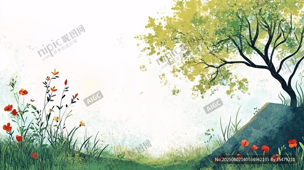 春日原野花草树木风景图
