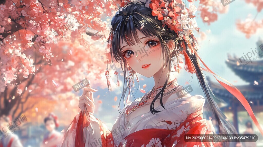 春日汉服少女漫步樱花下