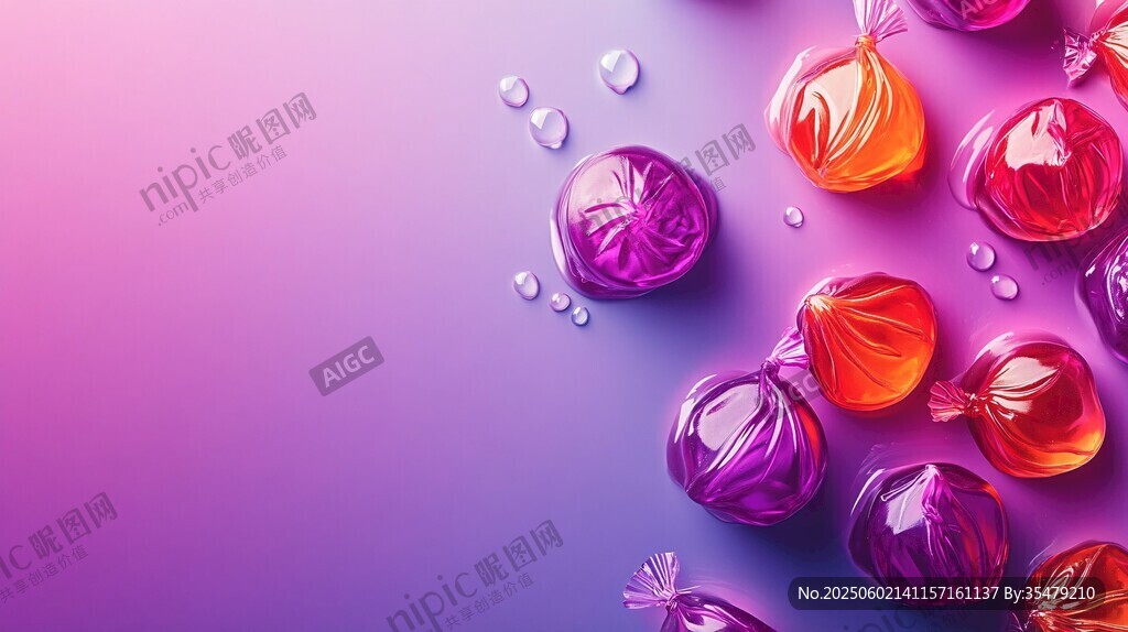 多彩糖果散落梦幻背景中