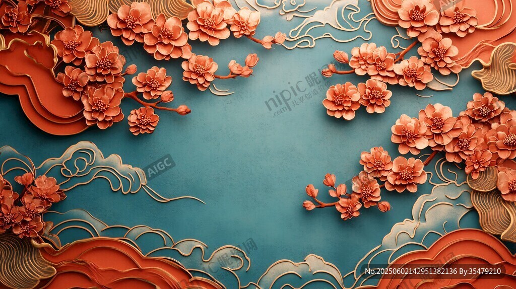 中式浮雕花卉云纹背景图