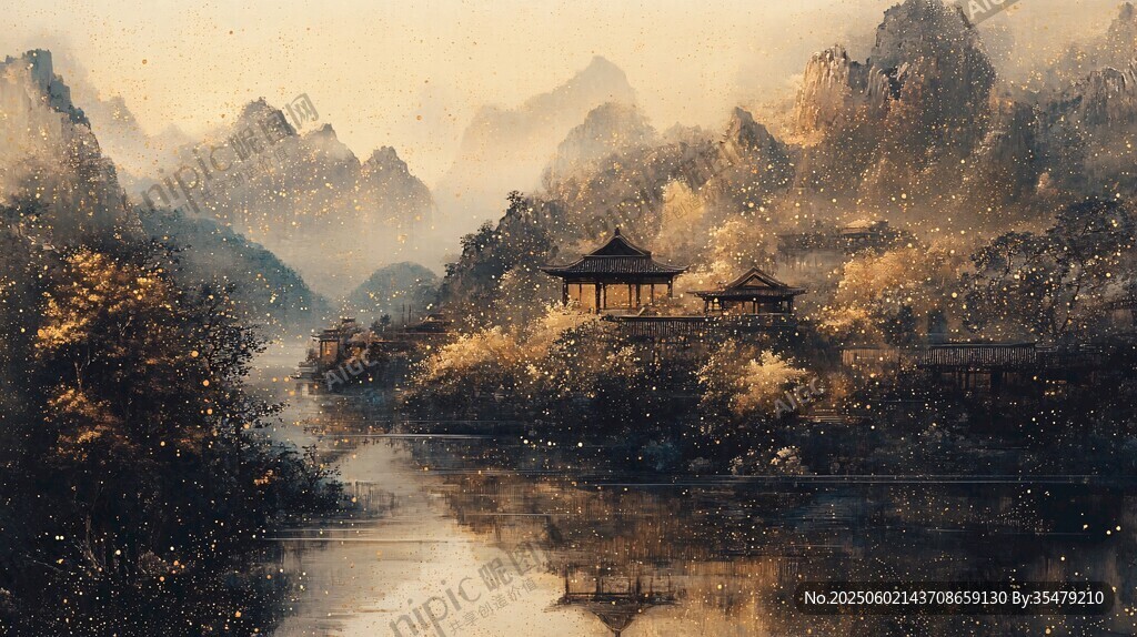 秋日山水间的静谧亭阁