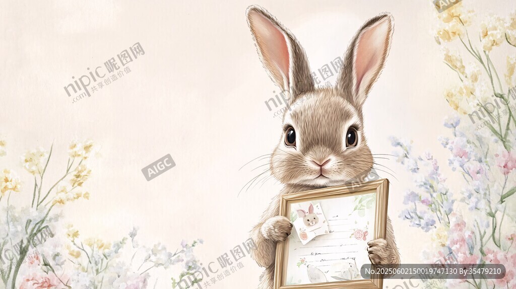 兔子持框于花丛中