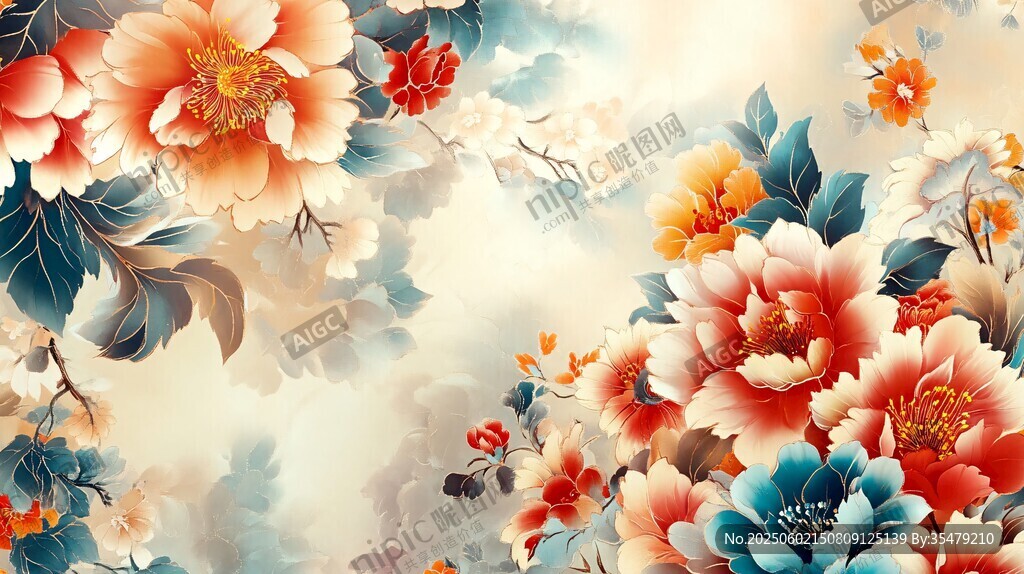 国色牡丹花卉中式唯美画
