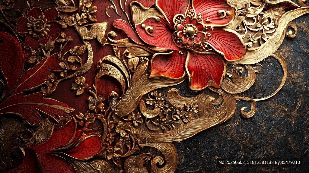 华丽金红花卉浮雕艺术