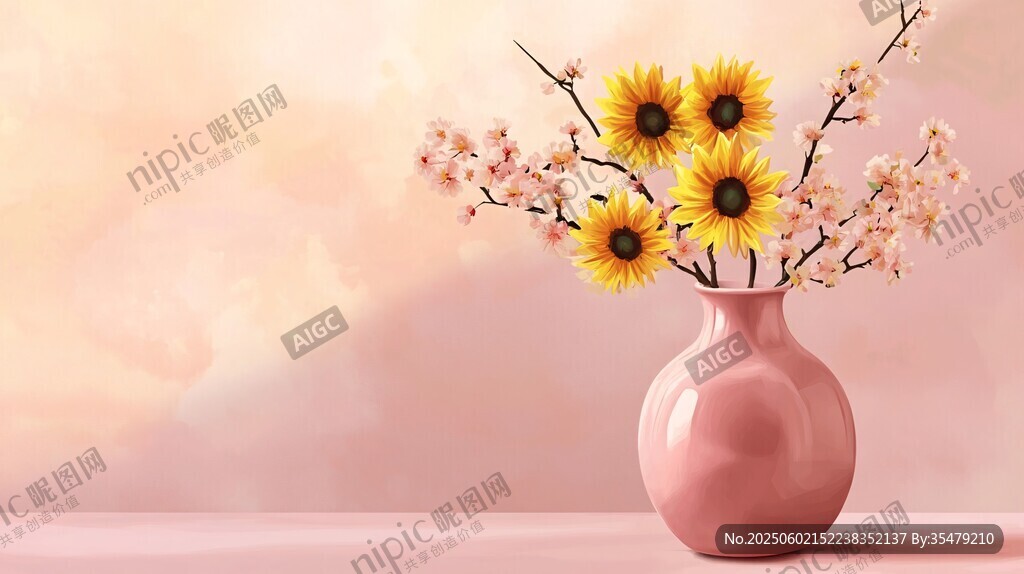 粉色花瓶中的明媚花卉