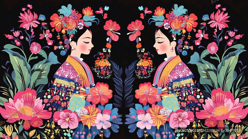 双生花饰女子插画