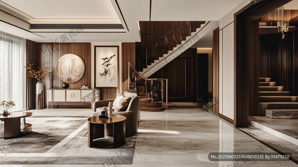 新中式奢华客厅与楼梯空间