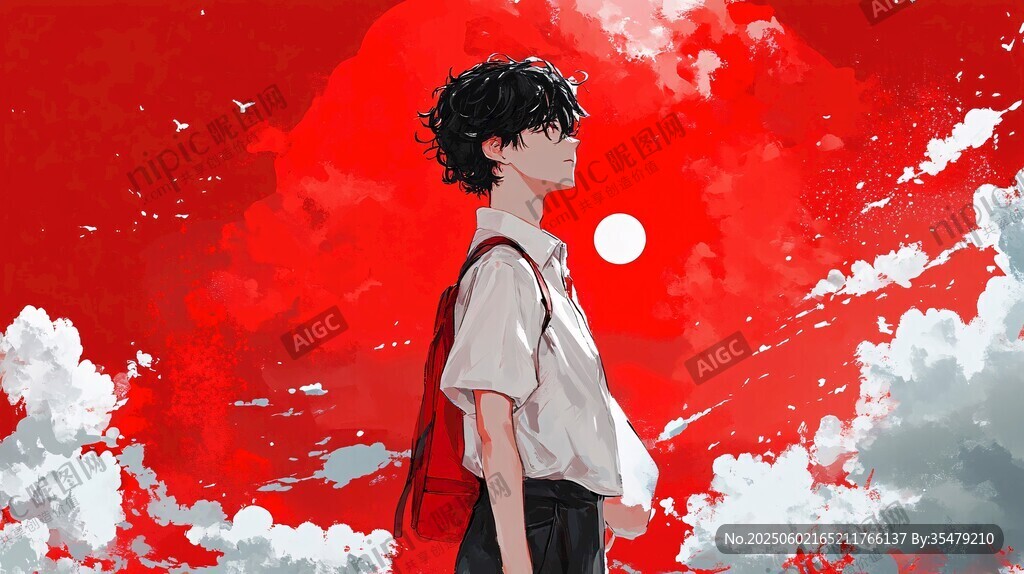少年立于红空下的孤寂身影