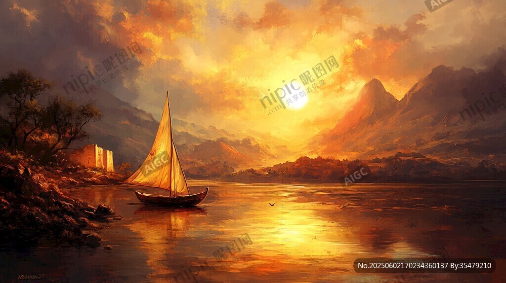 夕阳下的静谧帆船风景