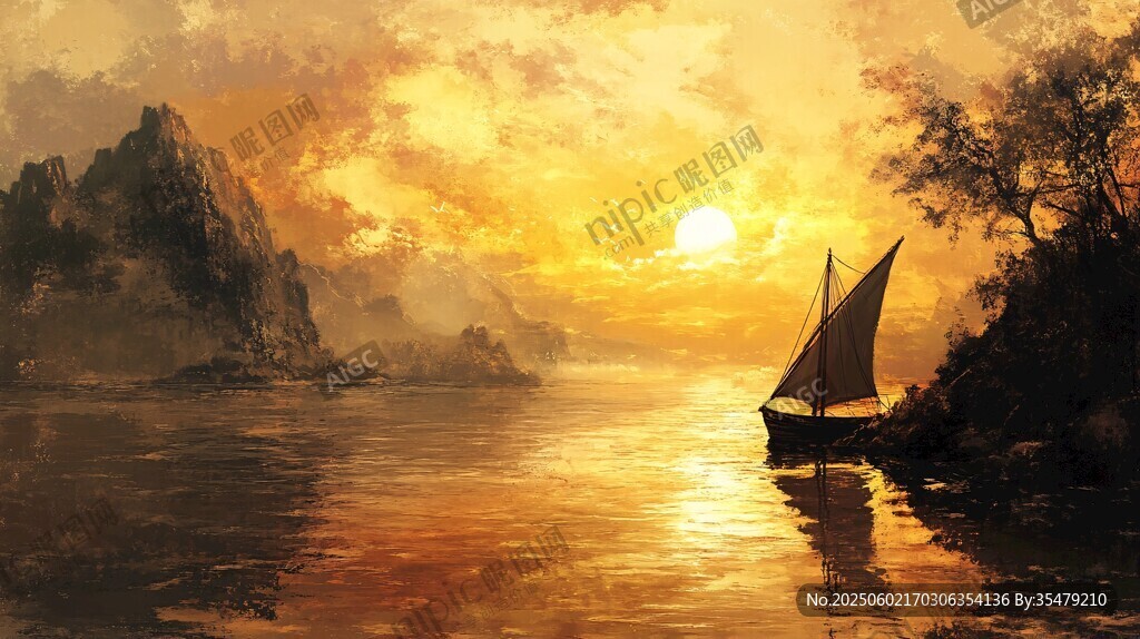 夕阳下的江畔孤舟美景