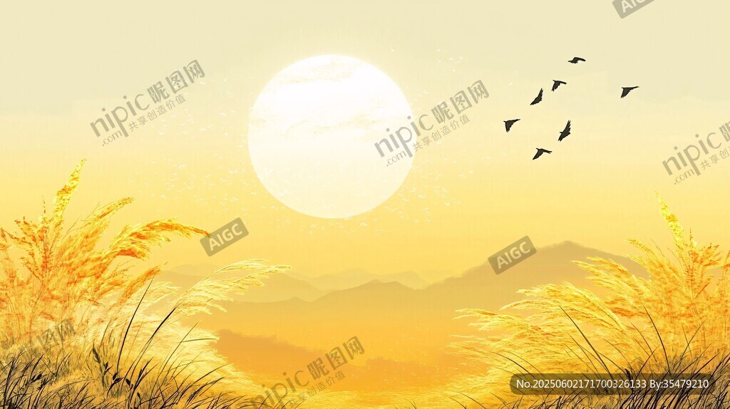 夕阳下的原野与飞鸟美景