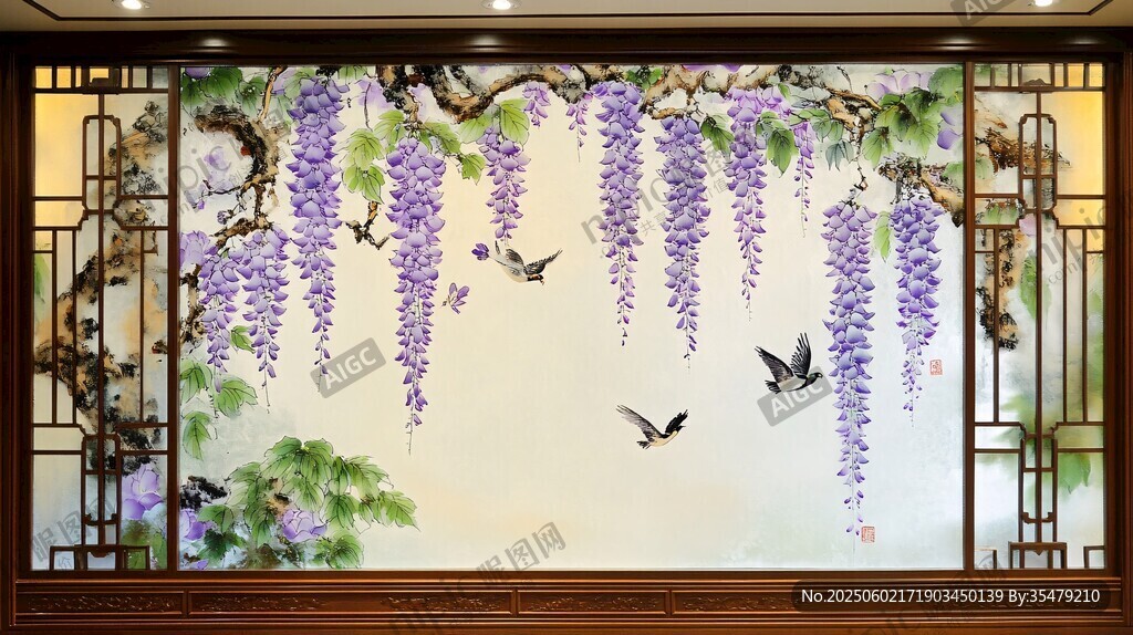 紫藤飞鸟中式雅致壁画